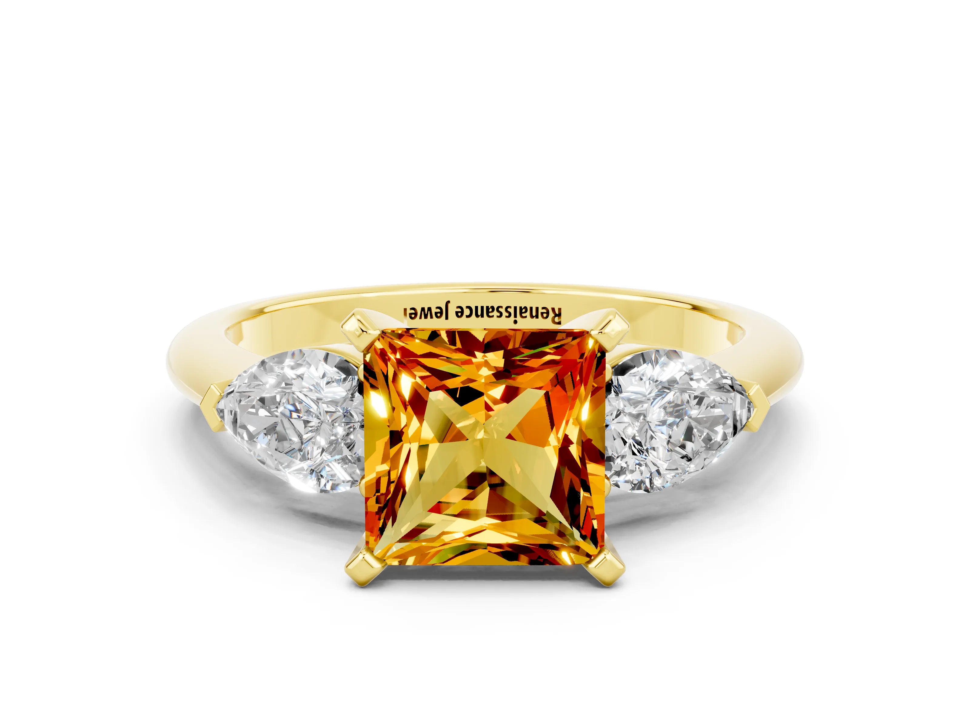 Yellow gold Three-Stone Princess Cut Citrine Ring with Pear Side Stones and Four-Prong Setting