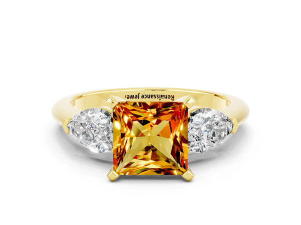 Yellow gold Three-Stone Princess Cut Citrine Ring with Pear Side Stones and Four-Prong Setting