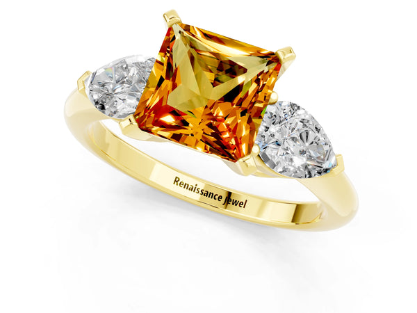 Yellow gold Three-Stone Princess Cut Citrine Ring with Pear Side Stones and Four-Prong Setting