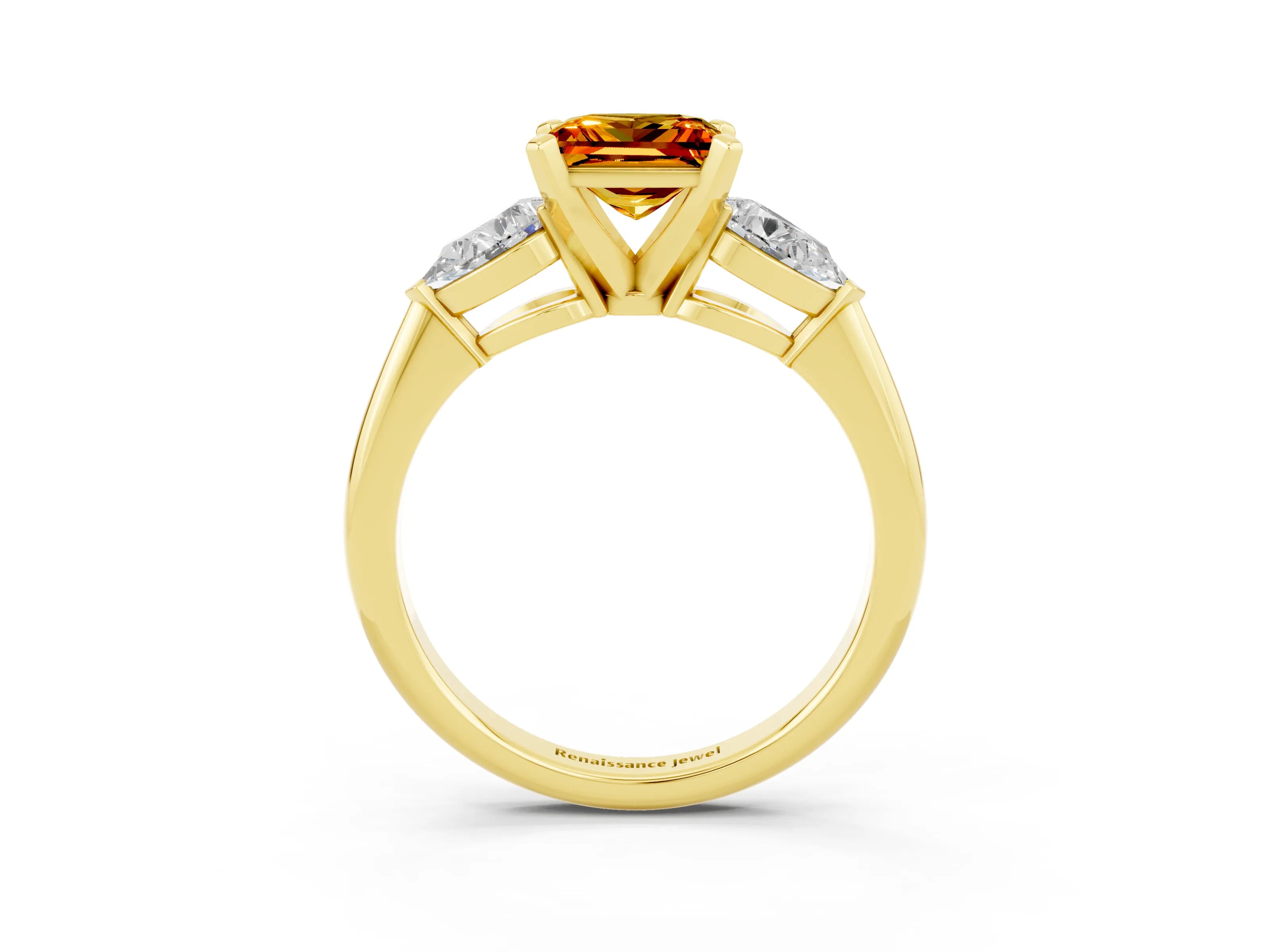 Yellow gold Three-Stone Princess Cut Citrine Ring with Pear Side Stones and Four-Prong Setting_3
