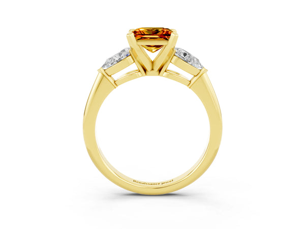 Yellow gold Three-Stone Princess Cut Citrine Ring with Pear Side Stones and Four-Prong Setting
