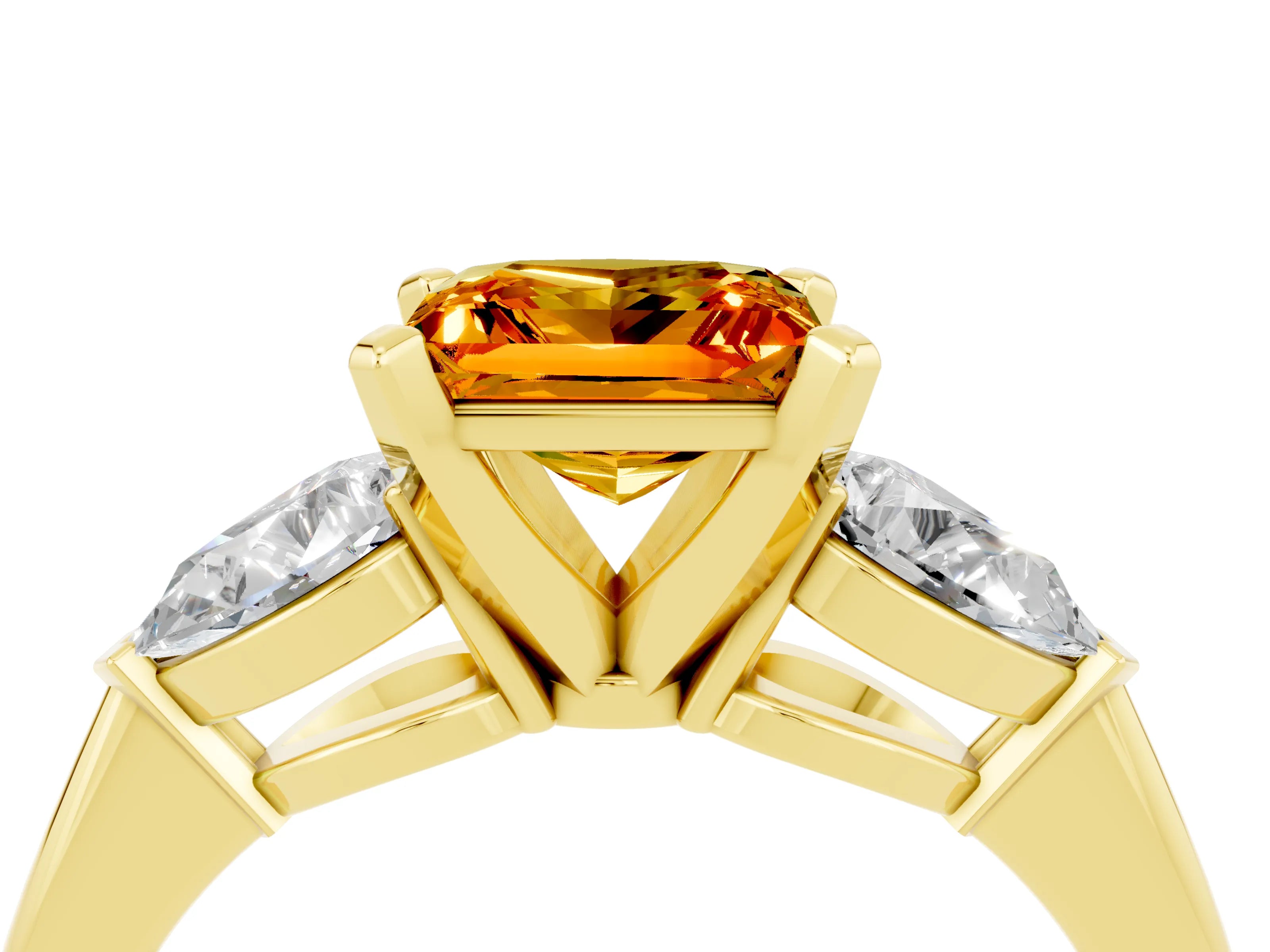 Yellow gold Three-Stone Princess Cut Citrine Ring with Pear Side Stones and Four-Prong Setting_4