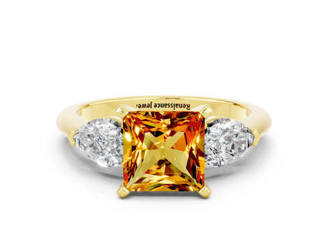 Yellow gold Three-Stone Princess Cut Citrine Ring with Pear Side Stones and Four-Prong Setting