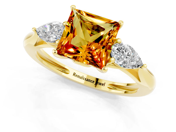 Yellow gold Three-Stone Princess Cut Citrine Ring with Pear  Side Stones in Four-Prong Setting