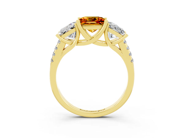 Yellow gold Three-Stone Princess Cut Citrine Ring with Round  Pavé Band and Prong Setting