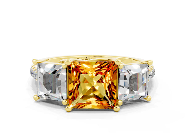 Yellow gold Three-Stone Princess Cut Citrine Ring with Round  Pavé Band and Prong Setting