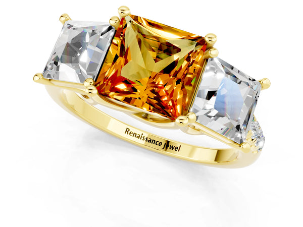 Yellow gold Three-Stone Princess Cut Citrine Ring with Round  Pavé Band and Prong Setting