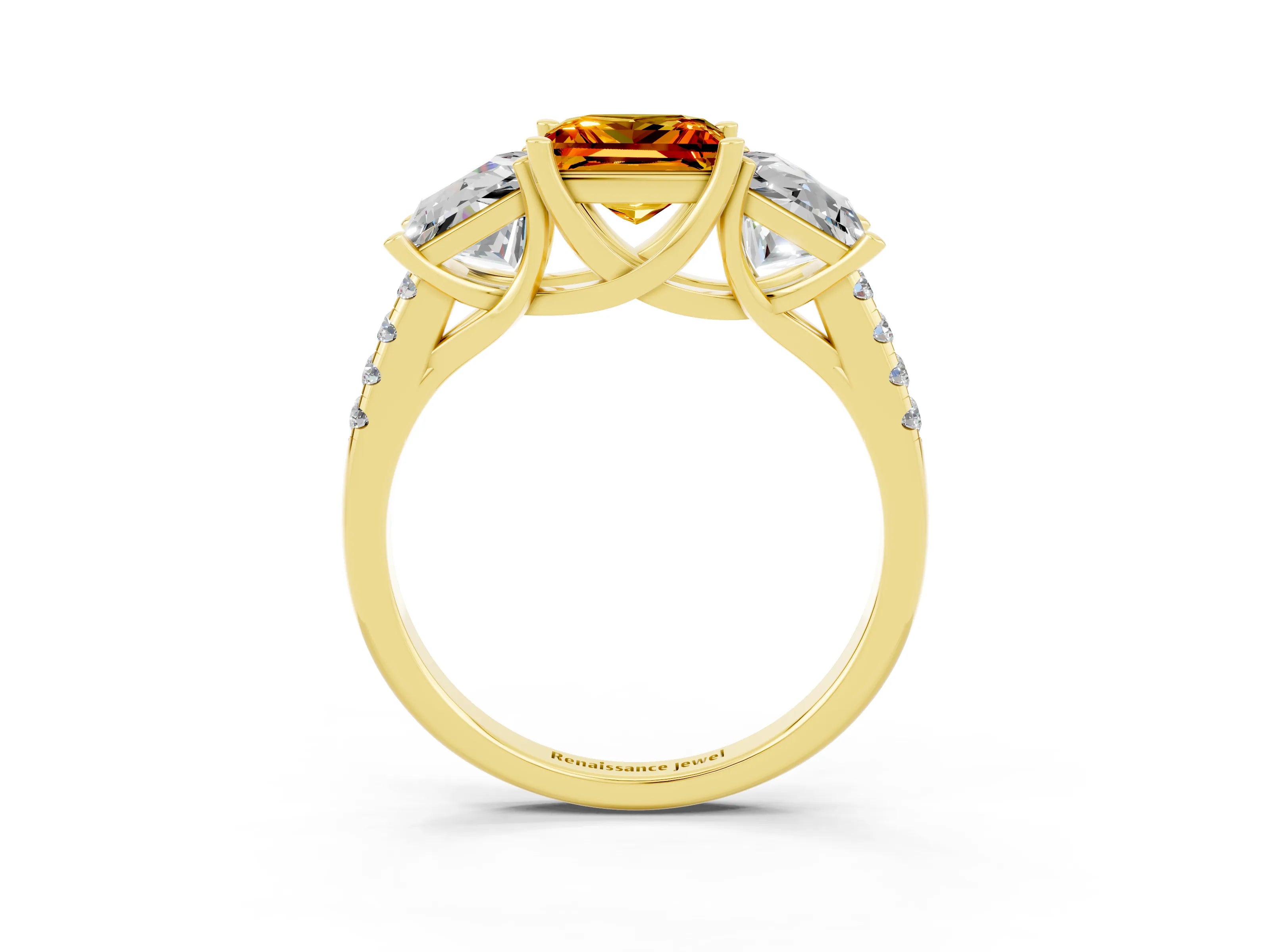 Yellow gold Three-Stone Princess Cut Citrine Ring with Round  Pavé Band and Prong Setting_27