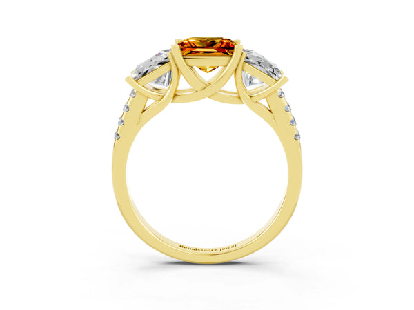 Yellow gold Three-Stone Princess Cut Citrine Ring with Round  Pavé Band and Prong Setting
