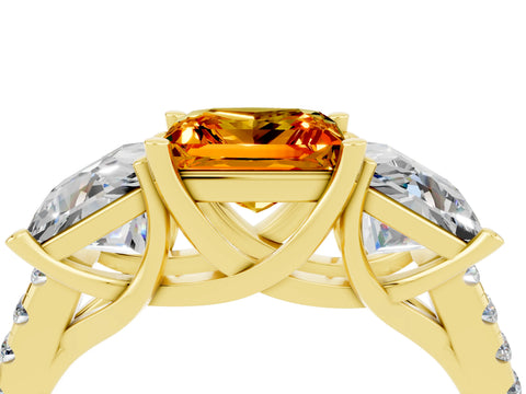 Yellow gold Three-Stone Princess Cut Citrine Ring with Round  Pavé Band and Prong Setting_28