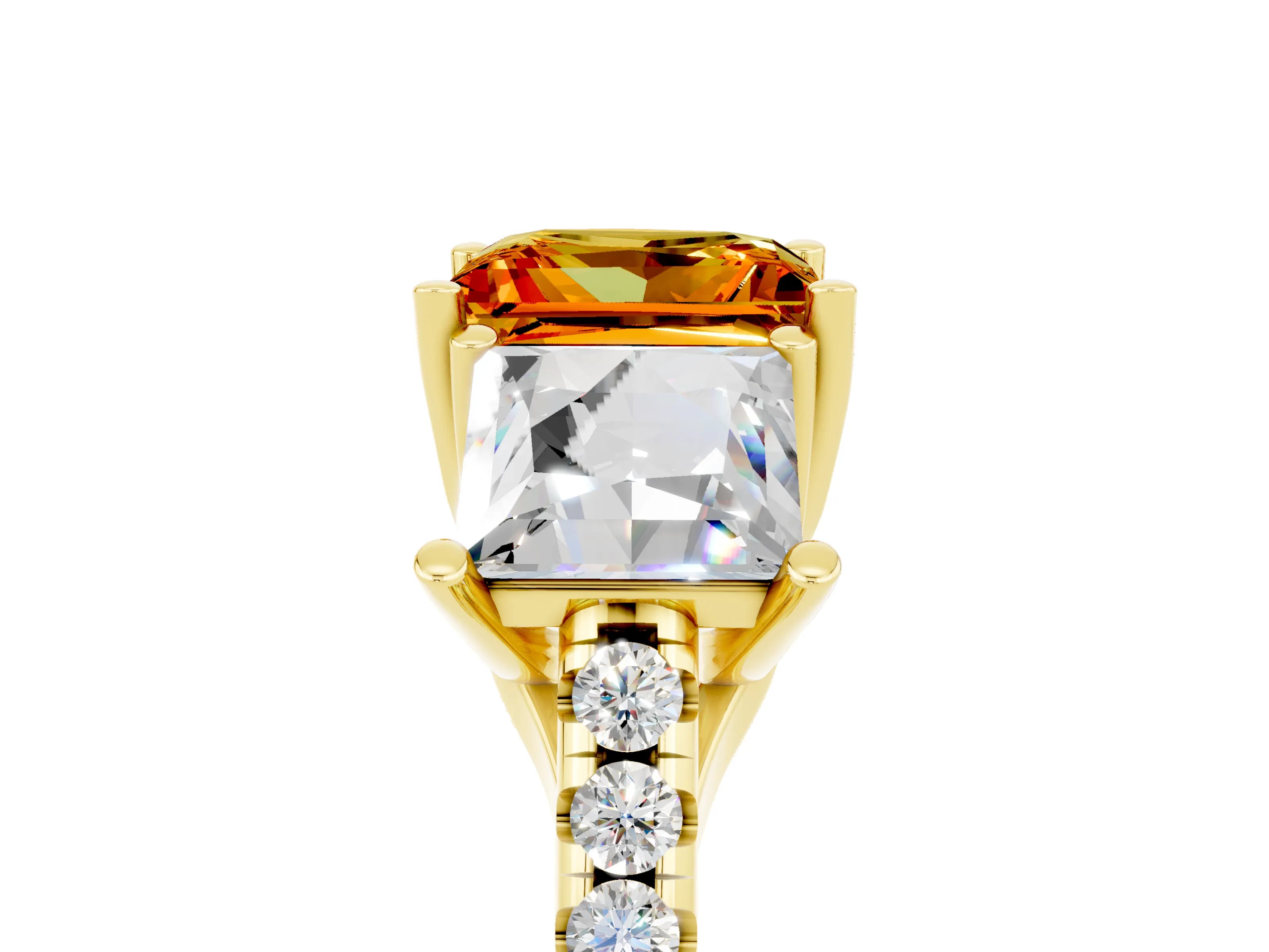 Yellow gold Three-Stone Princess Cut Citrine Ring with Round  Pavé Band and Prong Setting_29