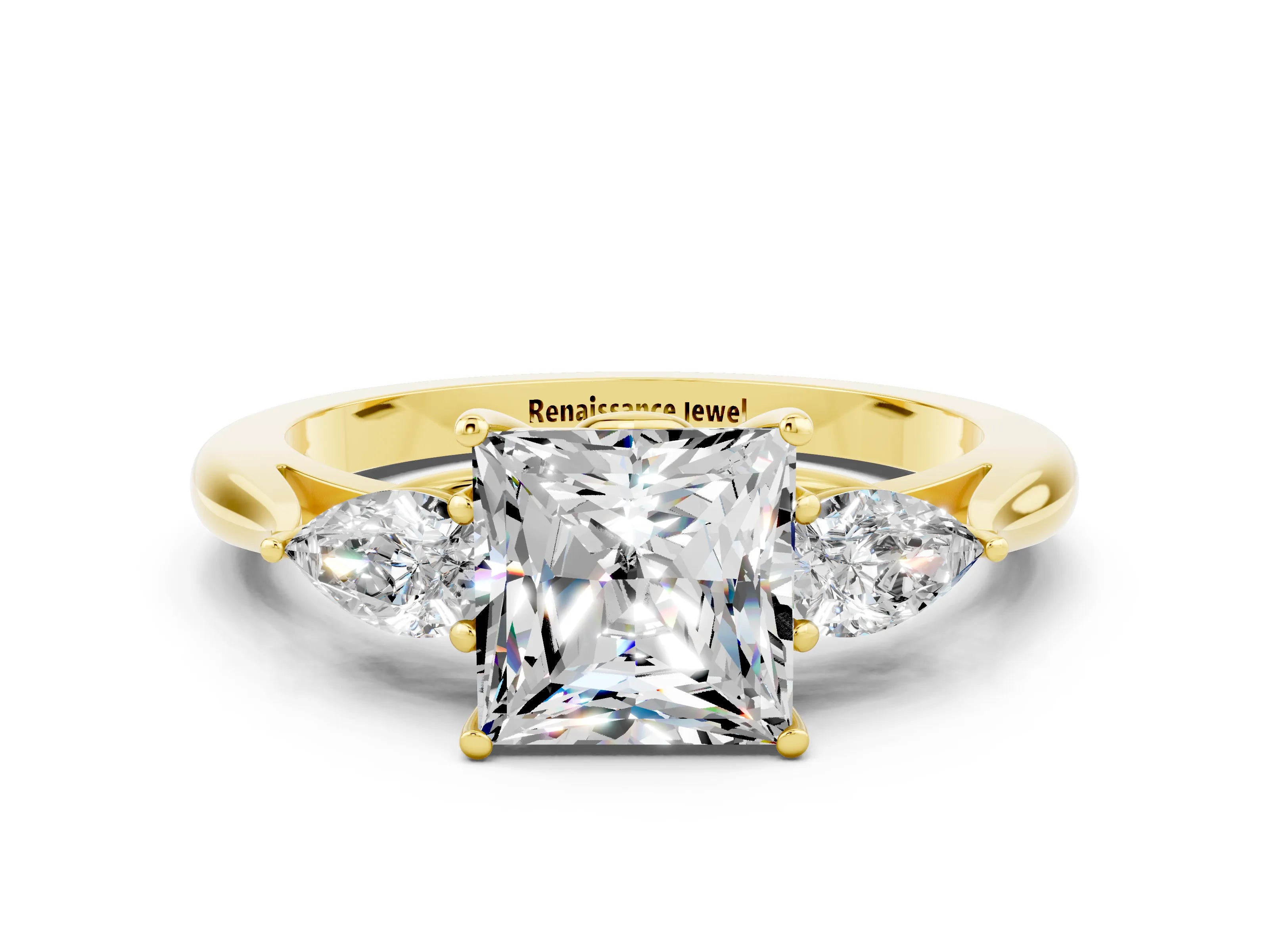 Yellow gold Three-Stone Princess Cut Cut Diamond Ring with Pear Side Stones in Four-Prong Setting