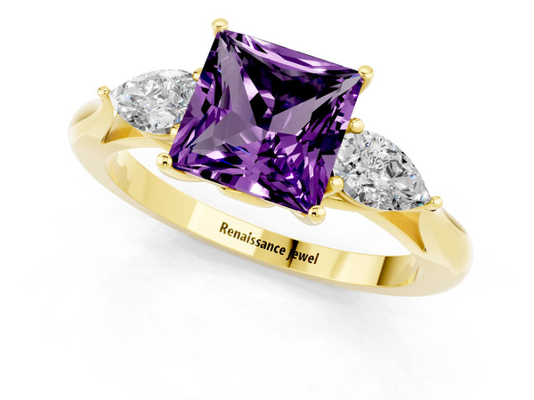Yellow gold Three-Stone Princess Cut Amethyst Ring with Pear  Side Stones in Four-Prong Setting