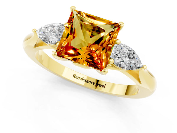 Yellow gold Three-Stone Princess Cut Citrine Ring with Pear  Side Stones in Four-Prong Setting