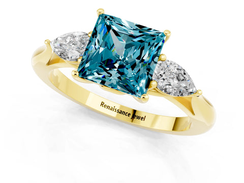 Yellow gold Three-Stone Princess Cut Cut Diamond Ring with Pear Side Stones in Four-Prong Setting_1