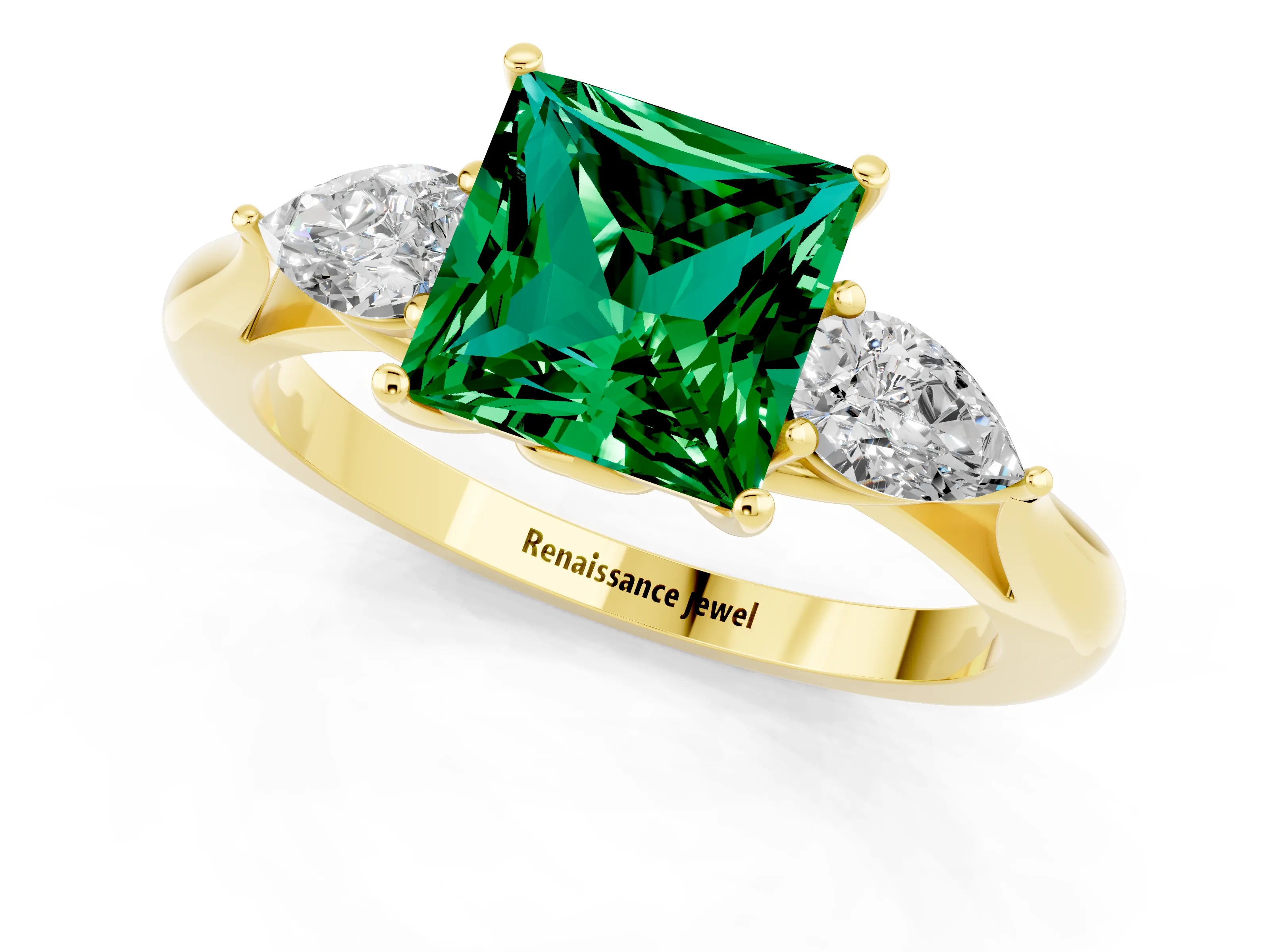 Yellow gold Three-Stone Princess Cut Cut Diamond Ring with Pear Side Stones in Four-Prong Setting_1