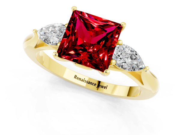 Yellow gold Three-Stone Princess Cut Cut Diamond Ring with Pear Side Stones in Four-Prong Setting