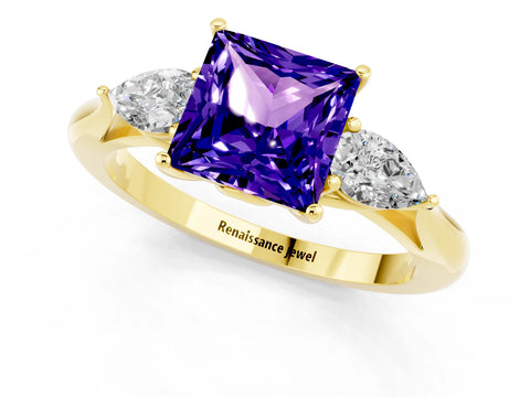 Yellow gold Three-Stone Princess Cut Cut Diamond Ring with Pear Side Stones in Four-Prong Setting_1