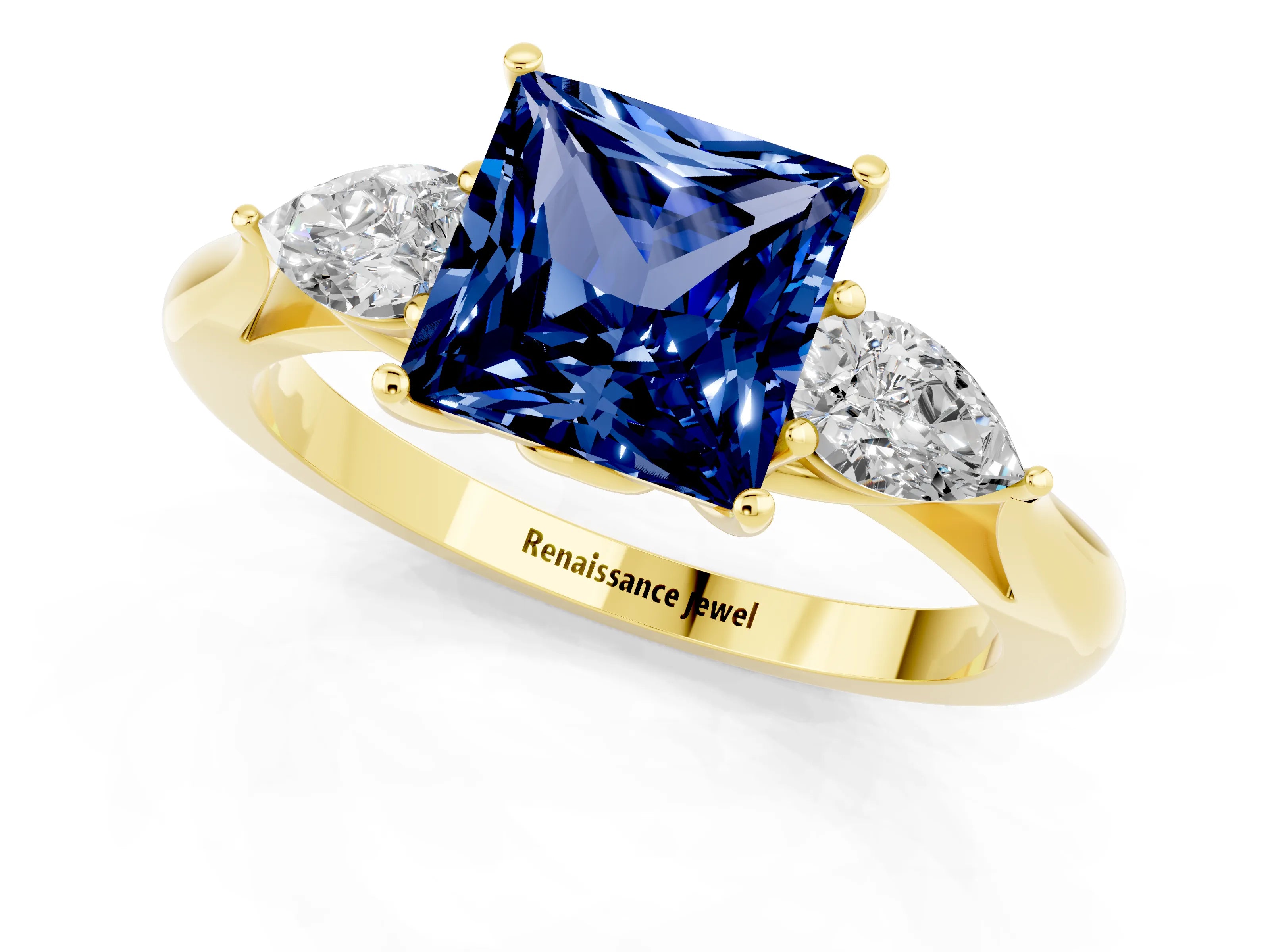 Yellow gold Three-Stone Princess Cut Cut Diamond Ring with Pear Side Stones in Four-Prong Setting_1