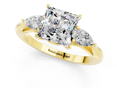 Yellow gold Three-Stone Princess Cut Cut Diamond Ring with Pear Side Stones in Four-Prong Setting_1