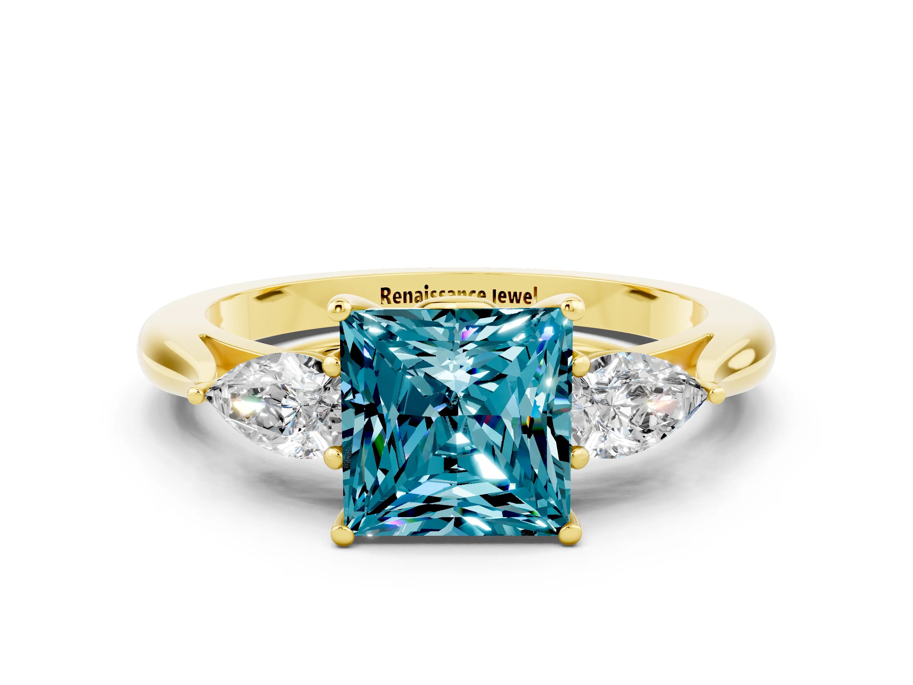 Yellow gold Three-Stone Princess Cut Cut Diamond Ring with Pear Side Stones in Four-Prong Setting