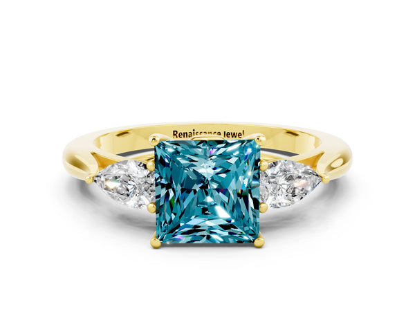 Yellow gold Three-Stone Princess Cut Cut Diamond Ring with Pear Side Stones in Four-Prong Setting