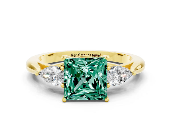 Yellow gold Three-Stone Princess Cut Green Sapphire Ring with Pear  Side Stones in Four-Prong Setting