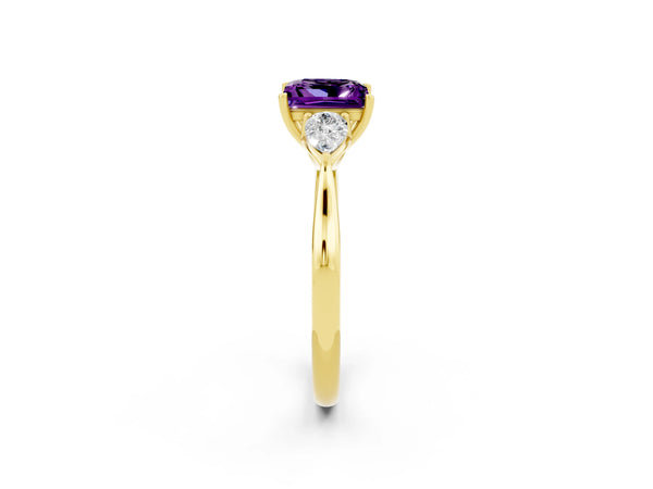 Yellow gold Three-Stone Princess Cut Amethyst Ring with Pear  Side Stones in Four-Prong Setting