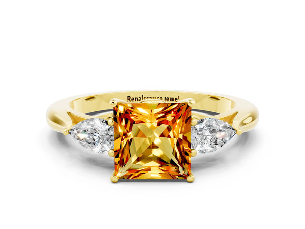 Yellow gold Three-Stone Princess Cut Citrine Ring with Pear  Side Stones in Four-Prong Setting