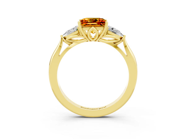 Yellow gold Three-Stone Princess Cut Citrine Ring with Pear  Side Stones in Four-Prong Setting