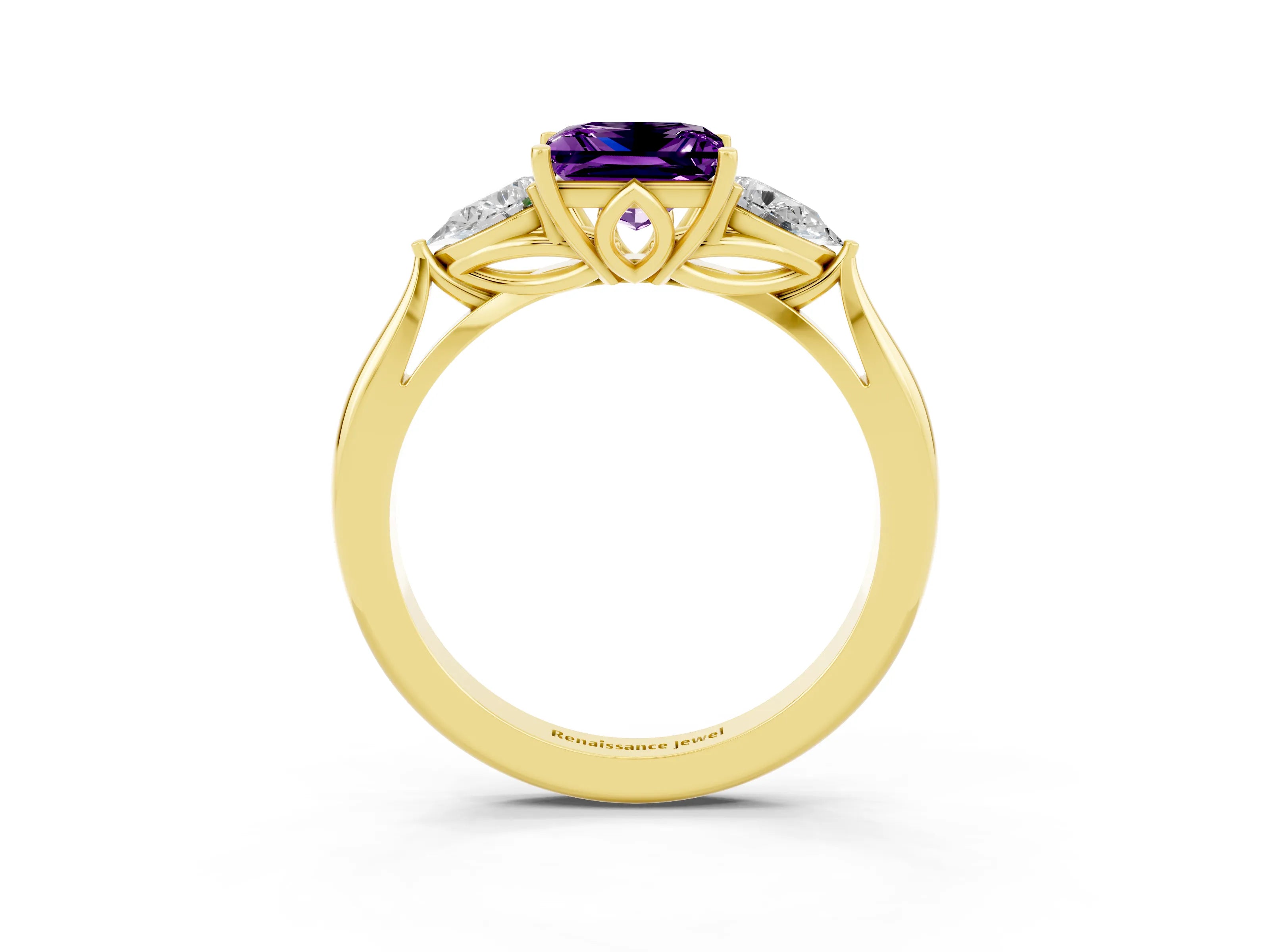 Yellow gold Three-Stone Princess Cut Cut Diamond Ring with Pear Side Stones in Four-Prong Setting_3