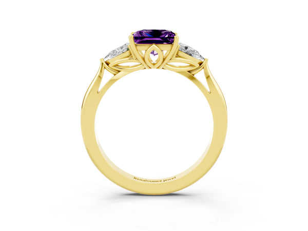 Yellow gold Three-Stone Princess Cut Amethyst Ring with Pear  Side Stones in Four-Prong Setting