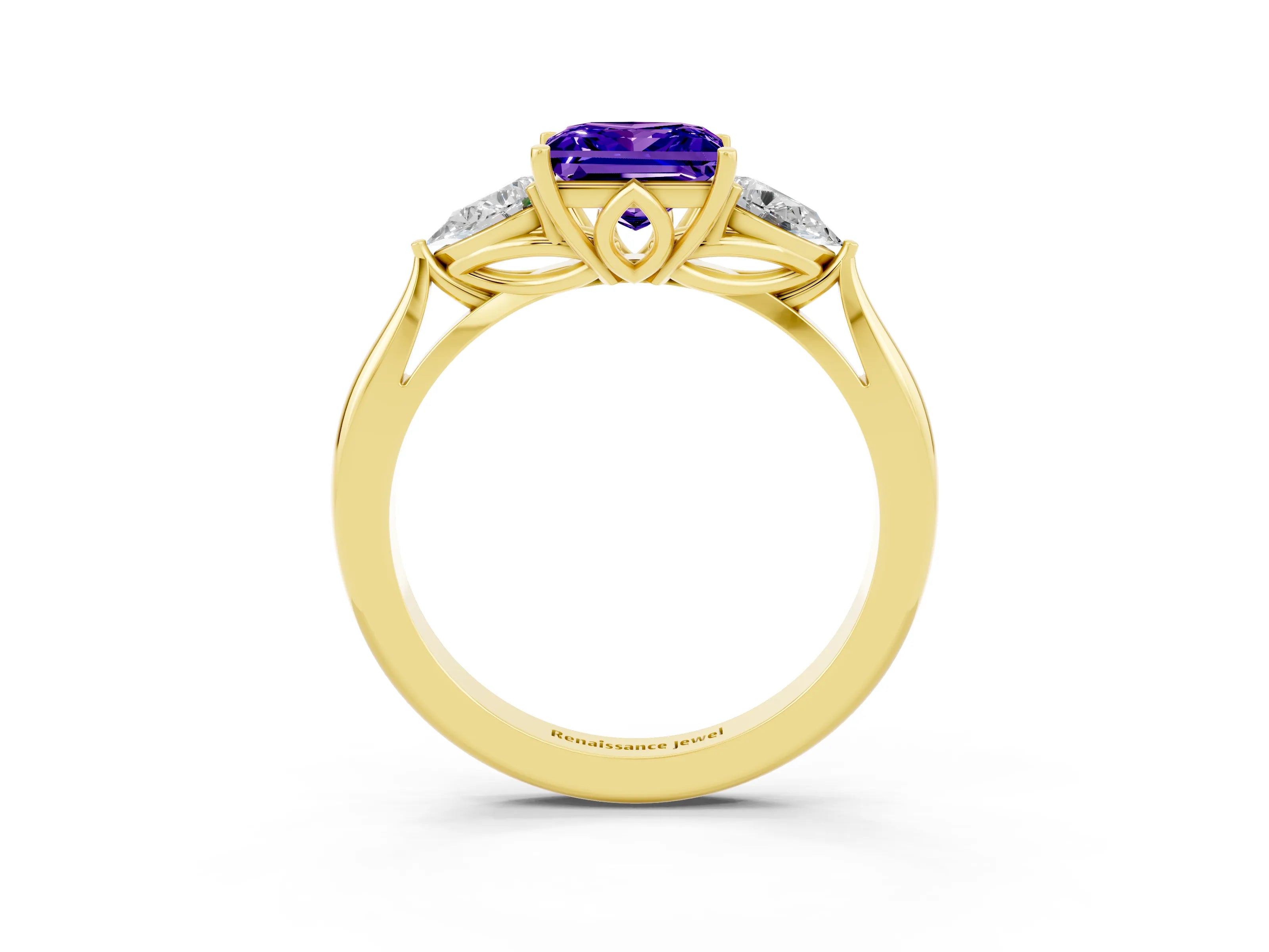 Yellow gold Three-Stone Princess Cut Cut Diamond Ring with Pear Side Stones in Four-Prong Setting_3