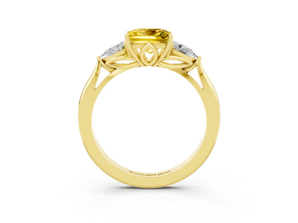 Yellow gold Three-Stone Princess Cut Yellow Sapphire Ring with Pear  Side Stones in Four-Prong Setting