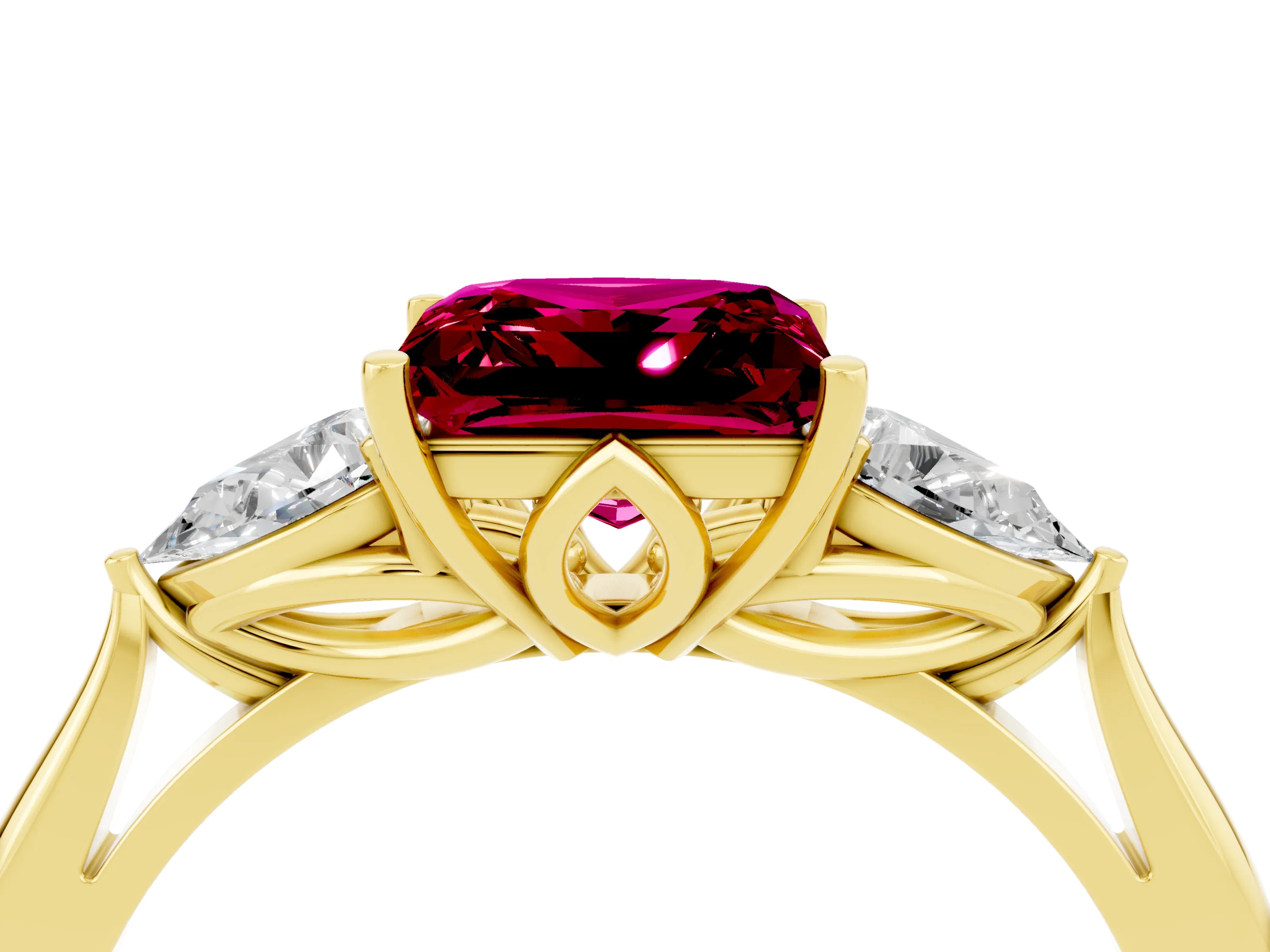 Yellow gold Three-Stone Princess Cut Cut Diamond Ring with Pear Side Stones in Four-Prong Setting_4