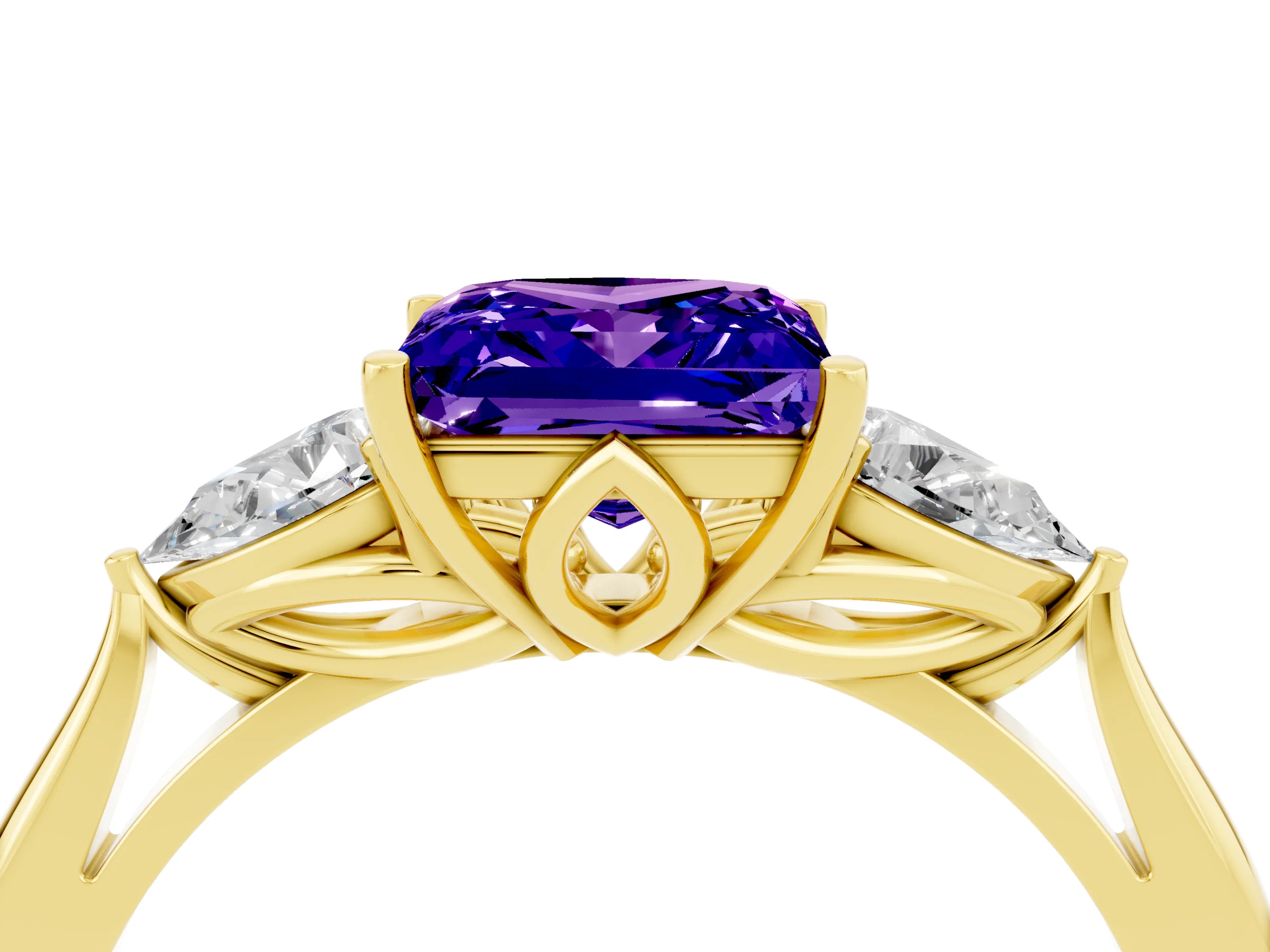 Yellow gold Three-Stone Princess Cut Cut Diamond Ring with Pear Side Stones in Four-Prong Setting_4