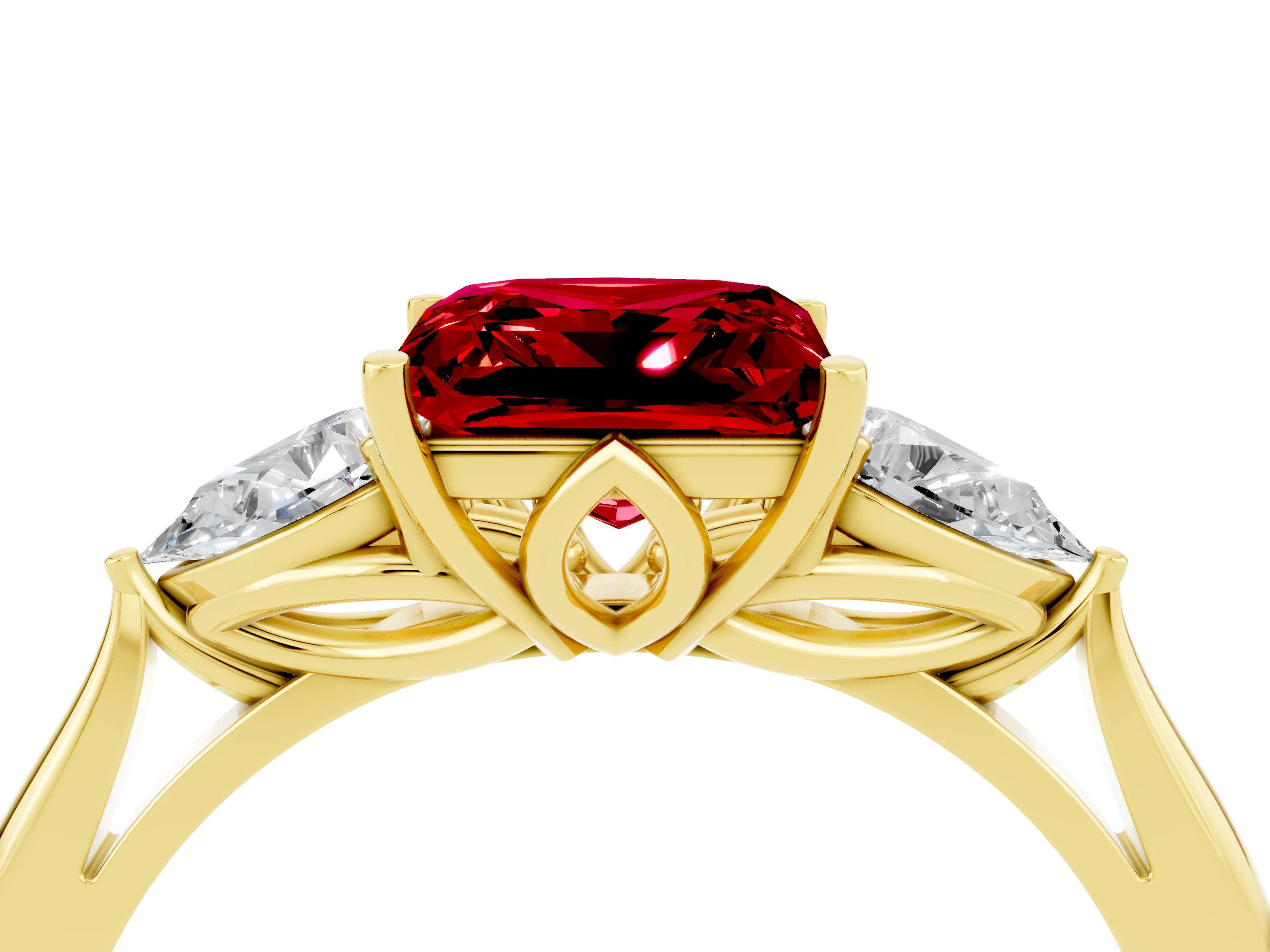 Yellow gold Three-Stone Princess Cut Cut Diamond Ring with Pear Side Stones in Four-Prong Setting_4