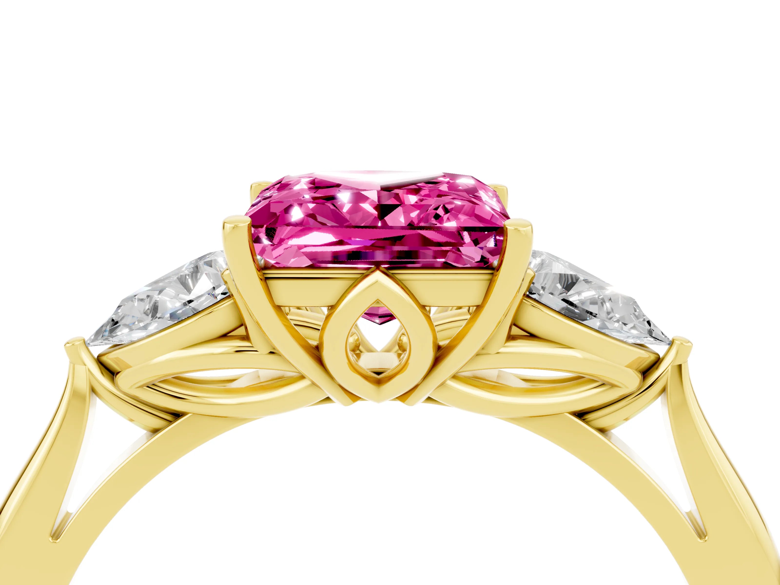 Yellow gold Three-Stone Princess Cut Cut Diamond Ring with Pear Side Stones in Four-Prong Setting_4