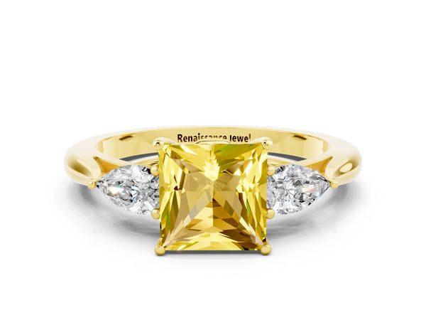 Yellow gold Three-Stone Princess Cut Yellow Sapphire Ring with Pear  Side Stones in Four-Prong Setting