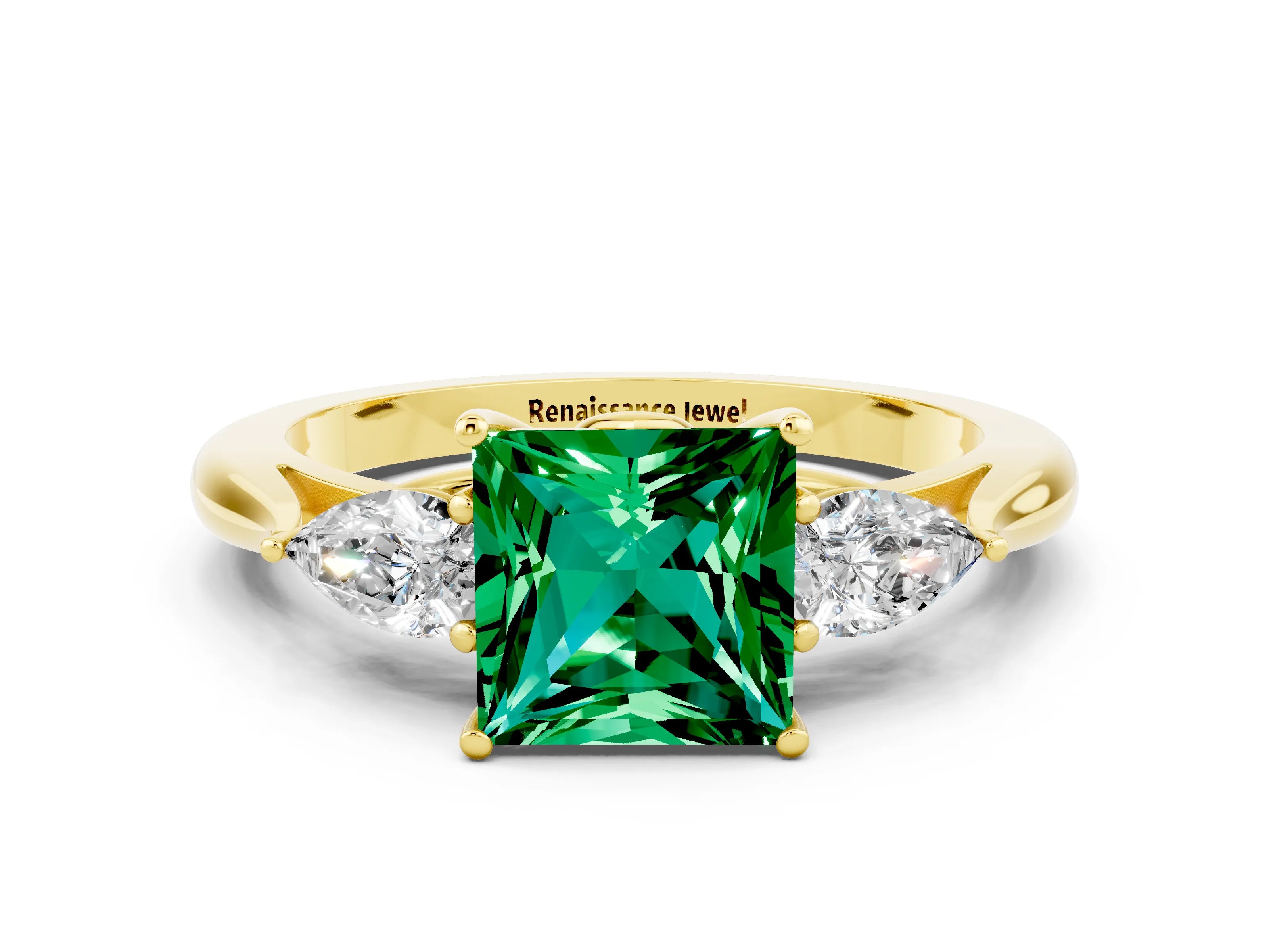 Yellow gold Three-Stone Princess Cut Cut Diamond Ring with Pear Side Stones in Four-Prong Setting