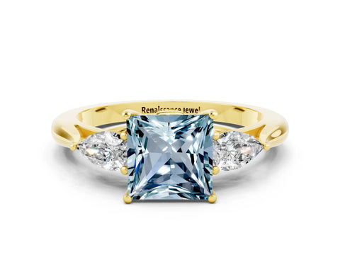 Yellow gold Three-Stone Princess Cut Cut Diamond Ring with Pear Side Stones in Four-Prong Setting