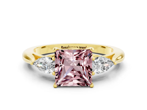 Yellow gold Three-Stone Princess Cut Cut Diamond Ring with Pear Side Stones in Four-Prong Setting