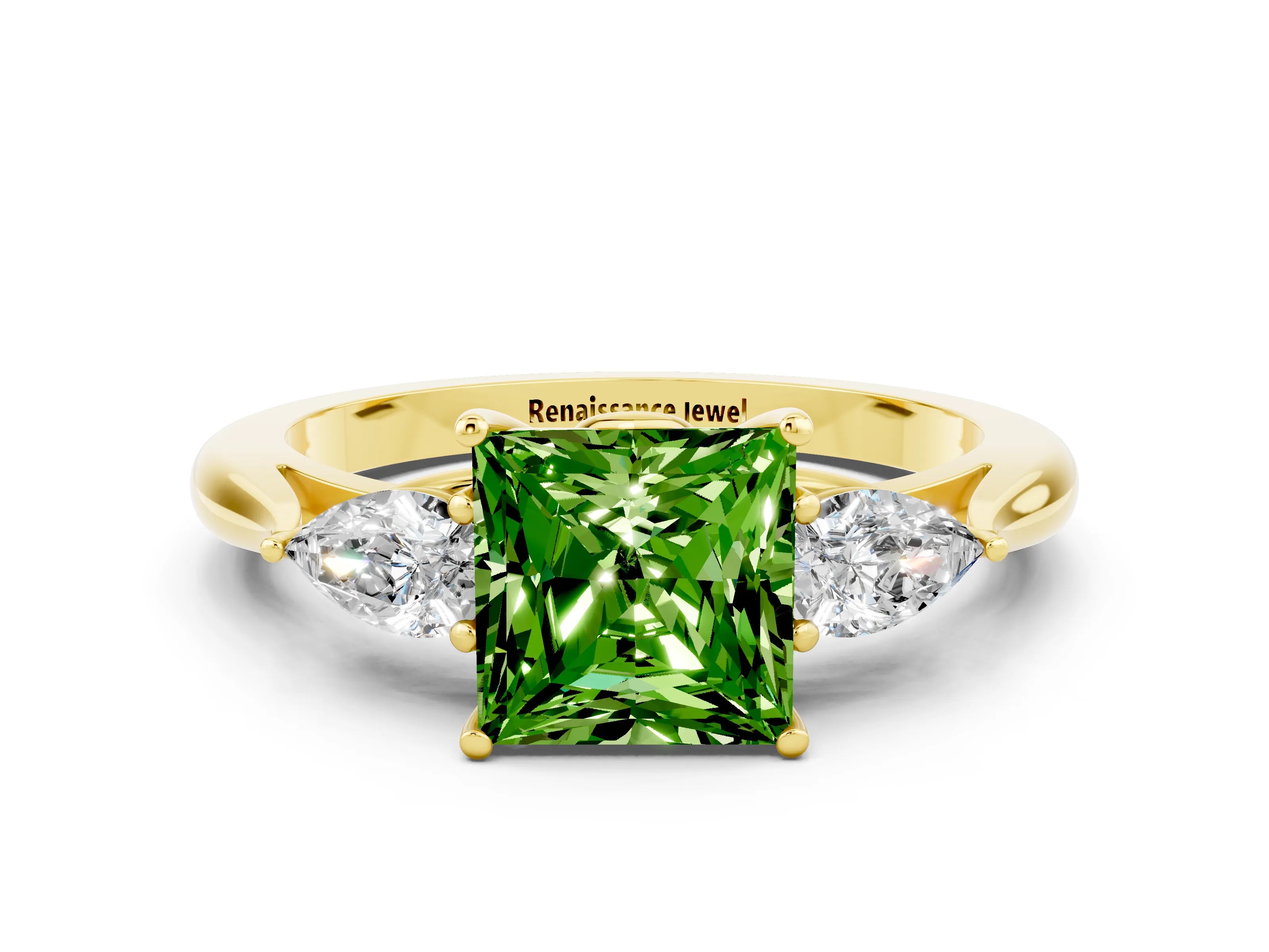 Yellow gold Three-Stone Princess Cut Cut Diamond Ring with Pear Side Stones in Four-Prong Setting