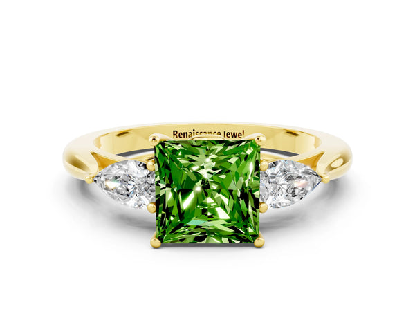 Yellow gold Three-Stone Princess Cut Cut Diamond Ring with Pear Side Stones in Four-Prong Setting