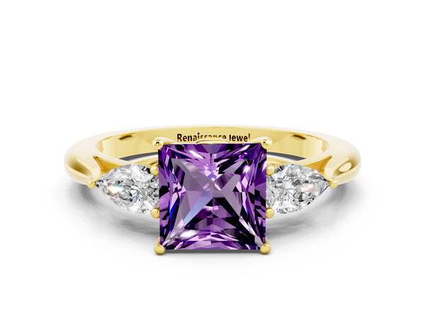 Yellow gold Three-Stone Princess Cut Amethyst Ring with Pear  Side Stones in Four-Prong Setting
