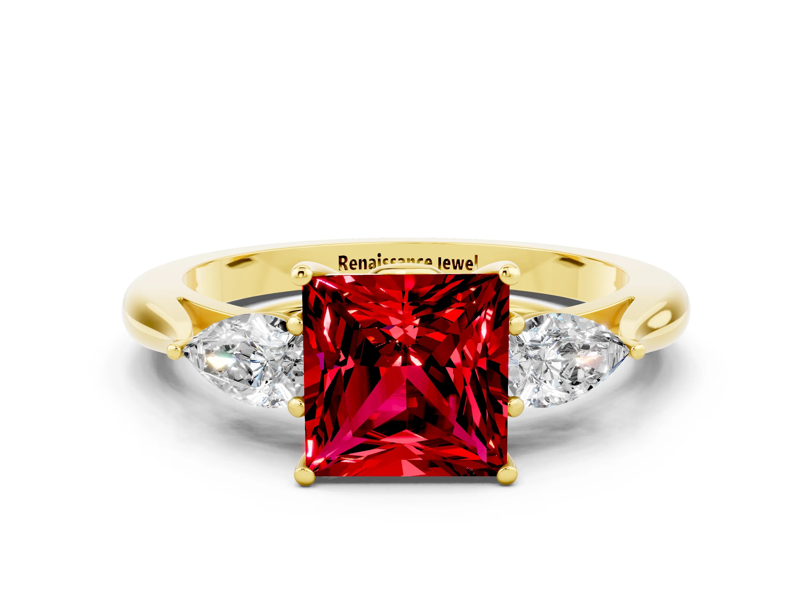 Yellow gold Three-Stone Princess Cut Cut Diamond Ring with Pear Side Stones in Four-Prong Setting