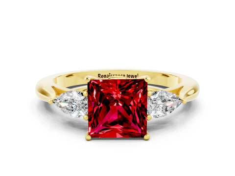 Yellow gold Three-Stone Princess Cut Cut Diamond Ring with Pear Side Stones in Four-Prong Setting