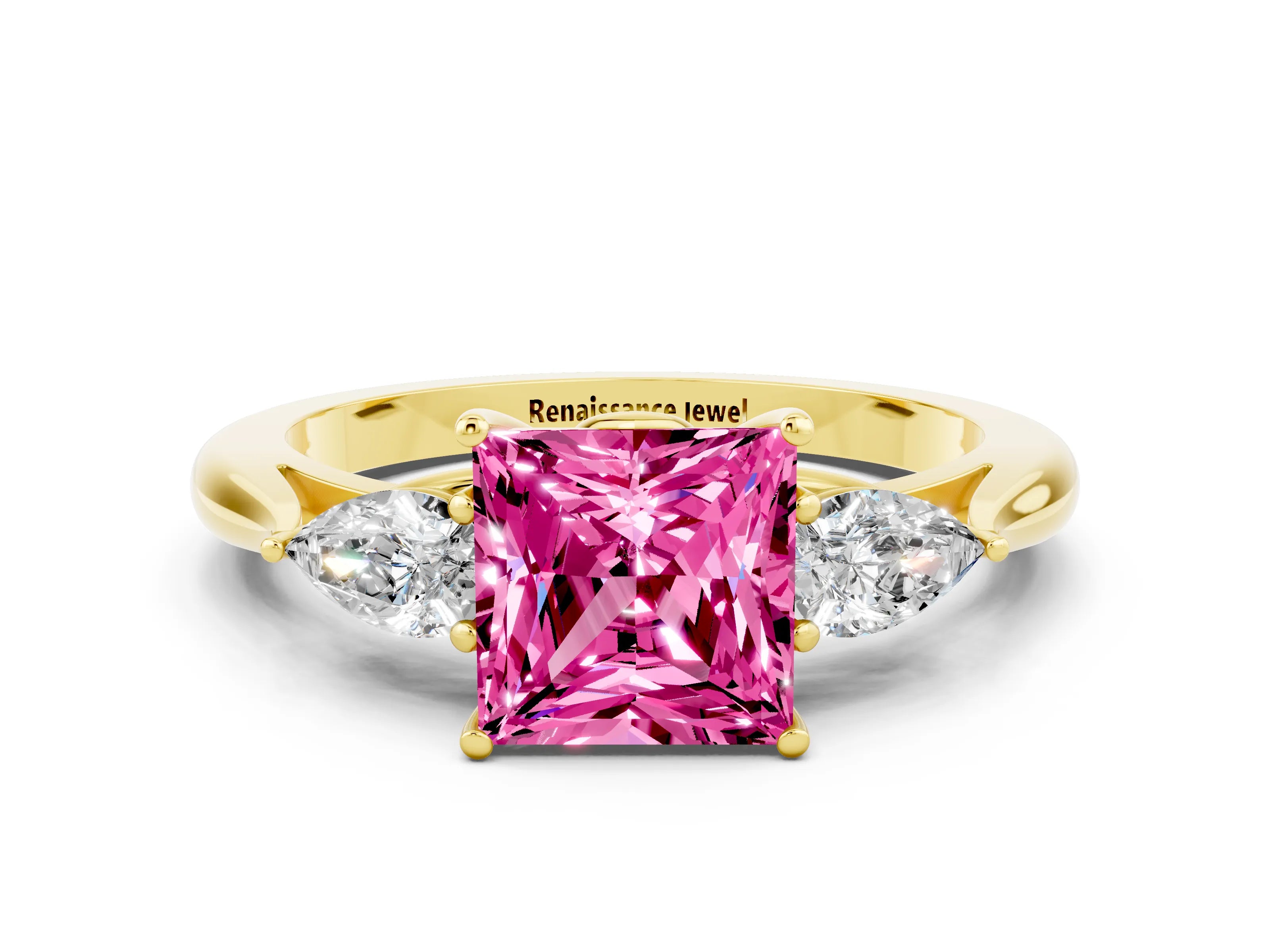 Yellow gold Three-Stone Princess Cut Cut Diamond Ring with Pear Side Stones in Four-Prong Setting