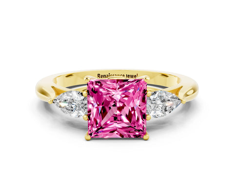 Yellow gold Three-Stone Princess Cut Cut Diamond Ring with Pear Side Stones in Four-Prong Setting