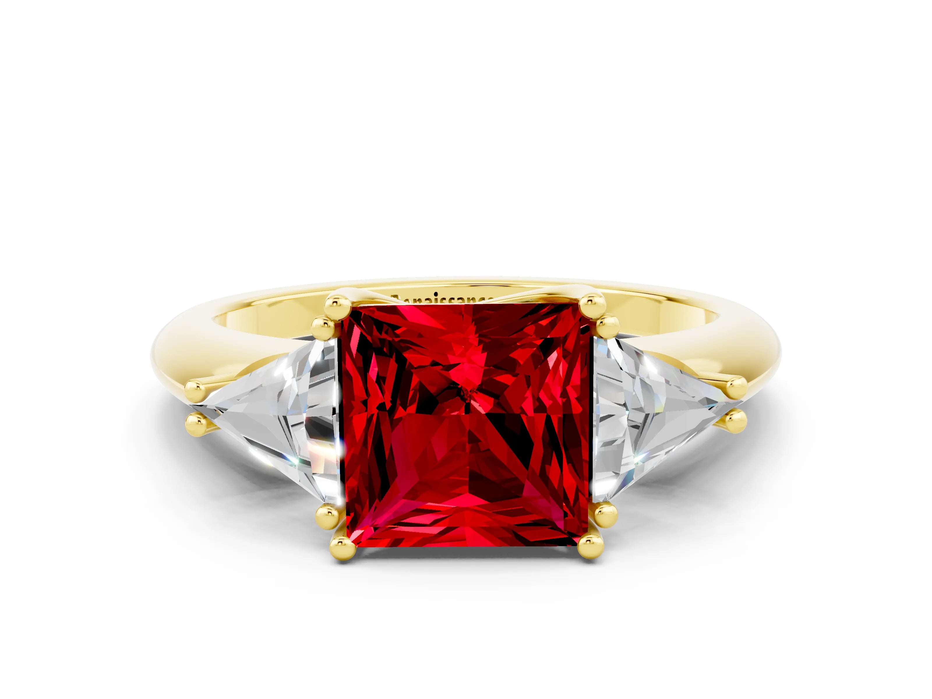 Yellow gold Three-Stone Princess Cut Cut Diamond Ring with Trillion Side Stones and Four-Prong Setting